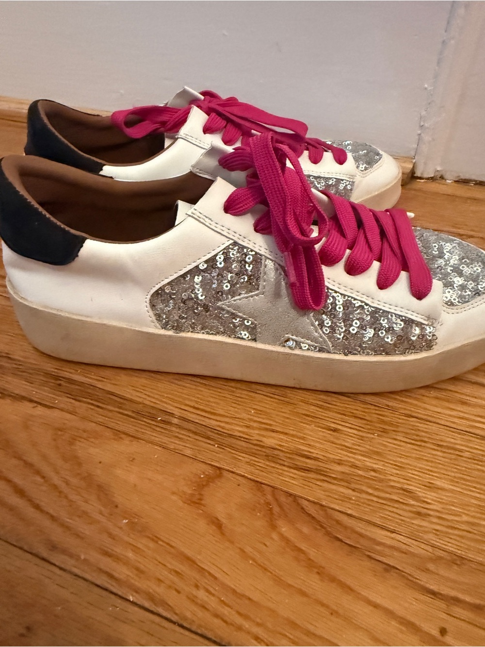 Women’s White Sequin Star Sneakers with Pink Laces - Picture 3 of 4